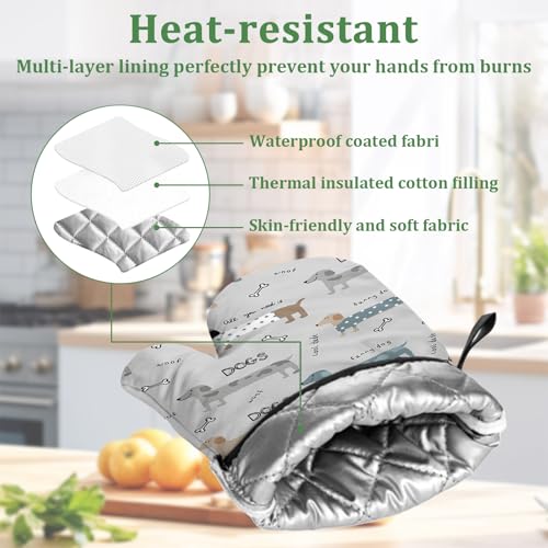 Cute Dachshund Dog Oven Mitts and Pot Holders Sets 4 Pcs Silicone Funny Kitchen Gloves Heat Resistant Potholders for Baking Grilling BBQ - color: Dachshund Dog