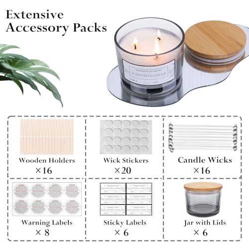 CONNOO 6 Pack 16oz Gray Wide Mouth Glass Candle Jars | Empty Wide Mouth Glass, Bamboo Lids, Sticky Warning Labels, Candle Wick Kit, Dishwasher Safe - color: 6 Pack-Gray