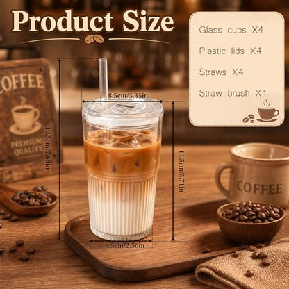 Haundry Ribbed Glass Tumbler with Lid and Straw, 4 Pack 16 oz Iced Coffee Cups, Reusable Drinking Glasses with Leak-Resistant Lids, Fits Car Cup Holders, Dishwasher Safe for Latte, Smoothie, Juice - color: 16oz-4pcs