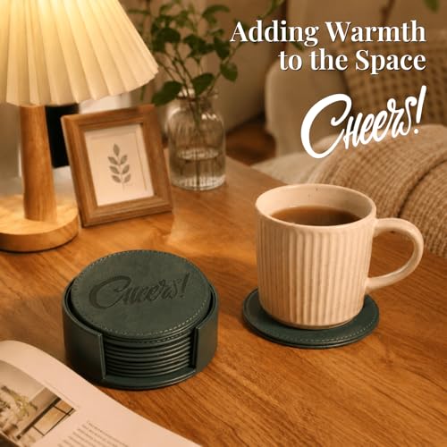 Coasters for Drinks Set of 6 with Holder, 6-Piece Leather Coasters with Embossed Cheers Marks - Durable Drink Coasters Set for Home, Bar, or Office - Green - color: Green