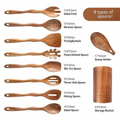 Kitchen 10PCS Teak Wooden Utensils Set With Holder and Spoon Rest | Non-stick, Easy to Clean, Durable, Smooth with Comfort Grip Wooden Spoons for Cooking - Non Toxic Wooden Cooking Utensil - style: 10 Pcs Spoons with Utensils Holder