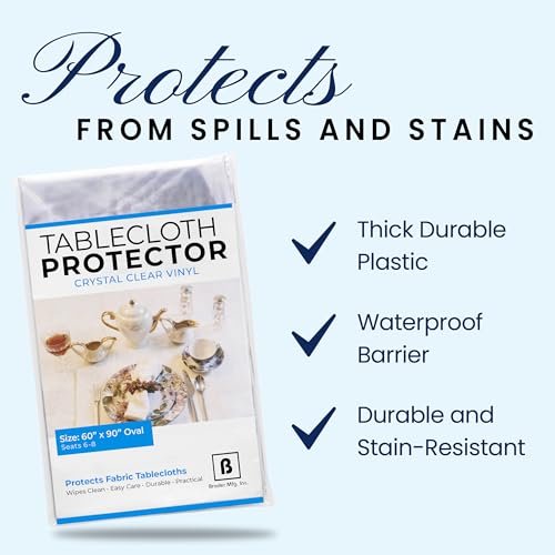BRODER MFG. INC. Tablecloth Protector Crystal Clear Vinyl (60"x90" Oval) | Thick, Durable Clear Table/Tablecloth Protector | Perfect for Parties, Special Occasions, Gatherings, and Everyday Use - size: 90" x 60" (Oval)