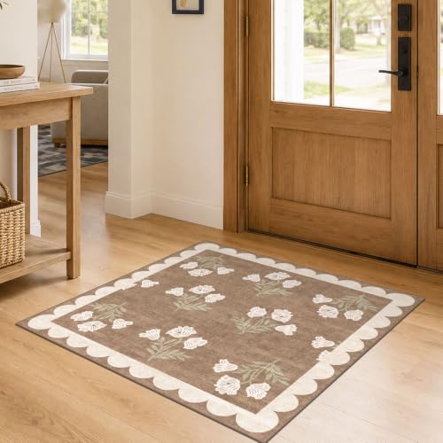 3x3 Square Entryway Rug - Non-Slip Washable Front Door Mat Indoor Outside Entrance Small Porch Rug Tan Neutral Floral Scalloped Throw Rugs for Entryway Kitchen Bedroom Office Front Porch Decor - color: Flower - Brown, size: 3' x 3' (Square)