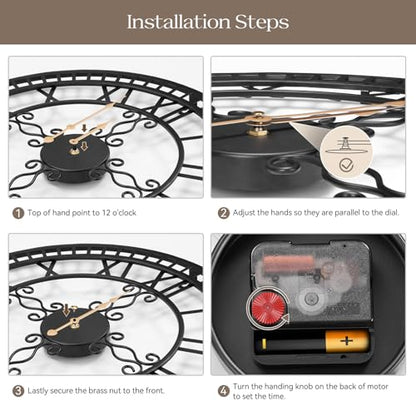 20" Large Wall Clock, Big Clock for Living Room Decorative, Black Large Wall Clocks Battery Operated with Metal Roman Numeral, Completely Silent, Non-Ticking for Bedroom, Kitchen,Fireplace - size: 20 inch