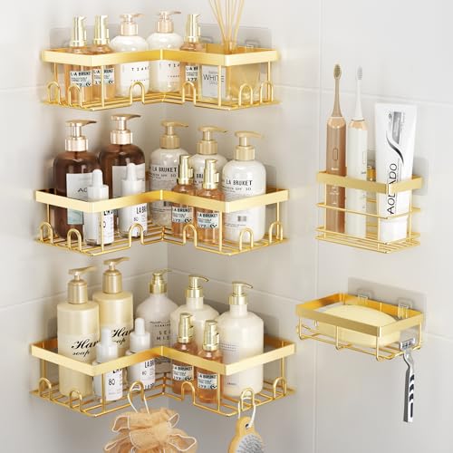 Liuoud Corner Shower Caddy, 5 Pack Adhesive Stainless Steel Organizer, Gold | Shower Shelves with Soap rack Toothbrush Holder, Rustproof, Large Capacity No Drilling Wall Storage Bathroom Accessory Decor - color: Gold