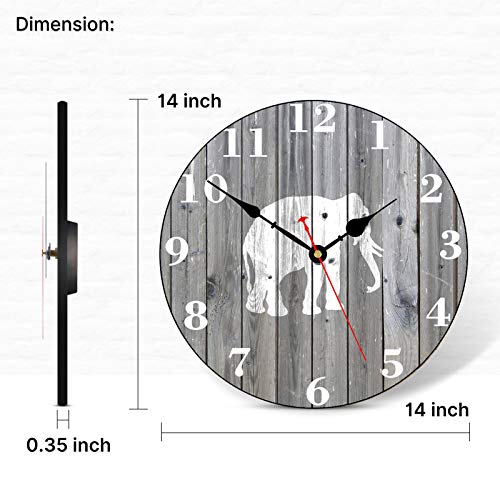 TAHEAT 14 Inch White Elephant Pattern Wall Clock, Retro Country Wooden Grain Clocks, Round Silent Non Ticking Wall Clock, Battery Operated Easy to Read Clocks for Kitchen/Living Room/Bedroom - color: White Elephant Pattern, size: 14 Inch