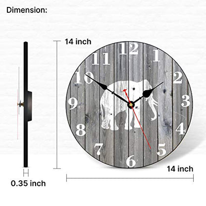 TAHEAT 14 Inch White Elephant Pattern Wall Clock, Retro Country Wooden Grain Clocks, Round Silent Non Ticking Wall Clock, Battery Operated Easy to Read Clocks for Kitchen/Living Room/Bedroom - color: White Elephant Pattern, size: 14 Inch