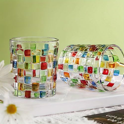 Set of 6 or 5 Hand-painted Colorful Glass Tumblers, Drinking Glassware, Cocktail Glasses for Iced Coffee Juice Tea Beverage Milk Wine With Artistic Design - color: Woven-Bag Design Set of 6