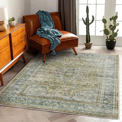CHAMPLANT Area Rug 5'x7' Washable Rug Vintage Traditional Floor Cover Thin Retro Kitchen Indoor Distressed Non Slip Carpet for Living Room Bedroom Dining Room - color: Aged Floral Green, size: 5' x 7' (Rectangular)