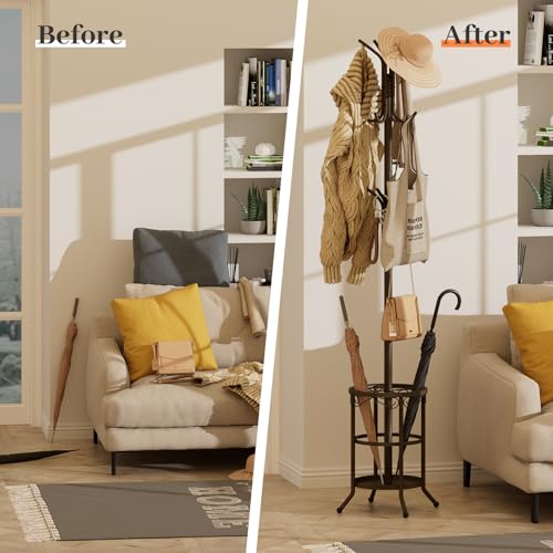 Coat Rack Freestanding With Umbrella Holder – Metal Hall Tree with 12 Hooks, Entryway Organizer for Hats, Bags, and Clothes (Brown) - color: Brown