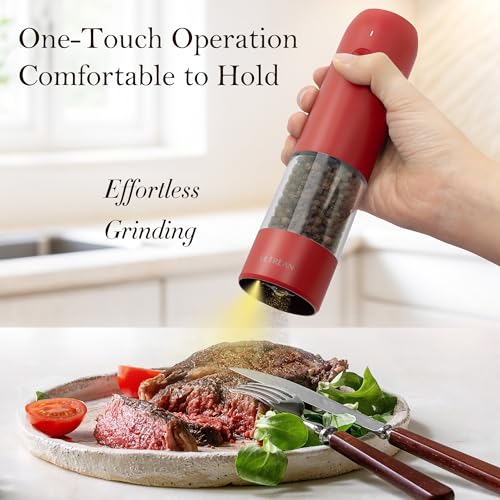 Ultrean Pepper Grinder, Rechargeable Salt and Pepper Grinder with 6 Adjustable Coarseness, LED Light, Automatic Salt and Pepper Shakers, Cooking Gifts Valentines Day Gifts for Women, Crimson Red - color: Crimson Red