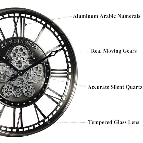 21" Metal Roman Numeral Wall Clock with Moving Gears,Gunmetal | SIilent Non Ticking, Aluminum Dial, Unique Modern Wall Clocks for Living Room, Dinning Room, Entryway & Home Office - color: Roman Gunmetal, size: 21"