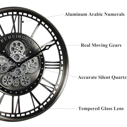 21" Metal Roman Numeral Wall Clock with Moving Gears,Gunmetal | SIilent Non Ticking, Aluminum Dial, Unique Modern Wall Clocks for Living Room, Dinning Room, Entryway & Home Office - color: Roman Gunmetal, size: 21"