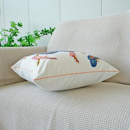 vctops Floral Butterfly Embroidered Pillow Covers 18x18 Inch Spring Summer Cotton Tufted Throw Pillow Cover Outdoor Garden Cushion Case for Sofa, Bed, Living Room (Butterfly,18"x18") - color: Butterfly