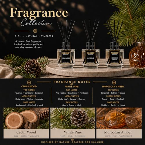 Reed Diffuser Set of 3 for Bathroom Air Fresheners, Oil Diffuser Sticks | Cedar Wood,White Pine Moroccan Amber Scent Diffuser(1.7 fl oz*3) Fragrance with 18 Sticks Defusers | Shelf Decor