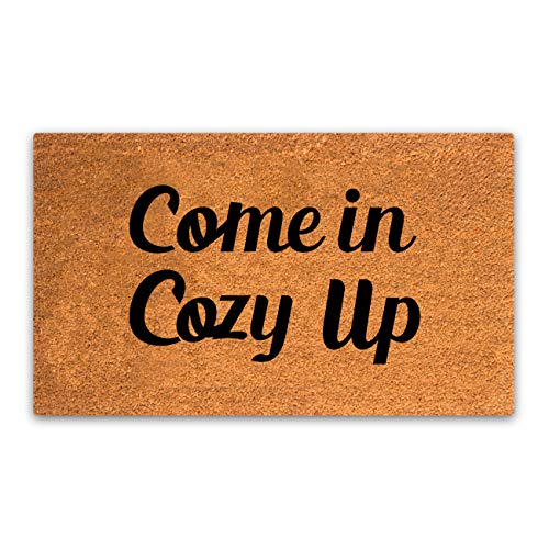 Coco Coir Home Entrance Door Mat – 17.5" x 30" Come in Cozy Up Welcome Mat – Heavy-Duty Natural Fiber Doormat for Indoor & Outdoor Use - color: Coco