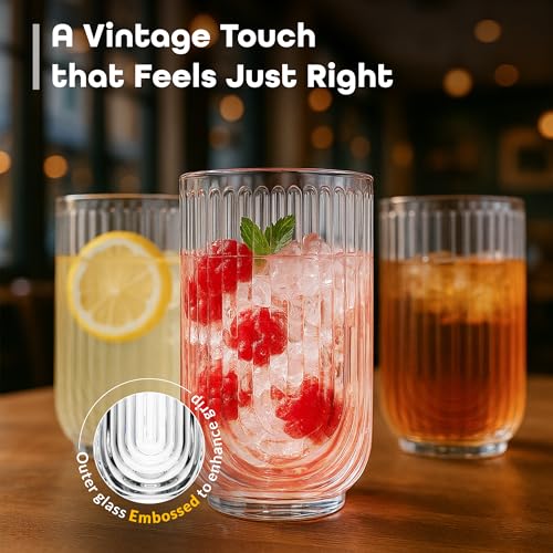 Glaver's Drinking Glasses Set of 8. 17oz Vintage Drinking Cups. Ripple Cocktail Glasses, Ribbed Drinking Highball Glass Cups. Arch Designed Art Deco Glassware for Water Juice Coffee. Package may Vary - style: Clear S/8 17oz