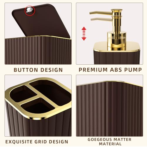 XLHOMO Bathroom Accessories Set - 25PC Brown Bathroom Sets with Shower Curtain and Rugs, Bathroom Accessory Set, Brown Shower Curtain Set, Trash Can, Qtip Holder Dispenser & Soap Dispenser - size: Bath Set+Shower Curtain+Rugs, style: Brown&Gold