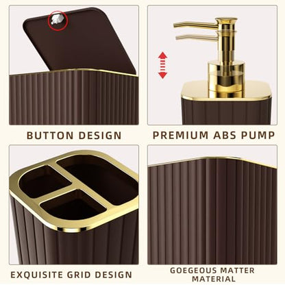 XLHOMO Bathroom Accessories Set - 25PC Brown Bathroom Sets with Shower Curtain and Rugs, Bathroom Accessory Set, Brown Shower Curtain Set, Trash Can, Qtip Holder Dispenser & Soap Dispenser - size: Bath Set+Shower Curtain+Rugs, style: Brown&Gold