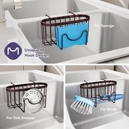 SWTYMIKI Sponge Holder for Kitchen Sink - Movable Kitchen Sink Caddy with M Shape Hook, Stainless Steel Hanging Sponge Caddy for Dish Sponge, Brush, Stopper Organizer in Double Bowl Sink, Bronze - color: Bronze-regular