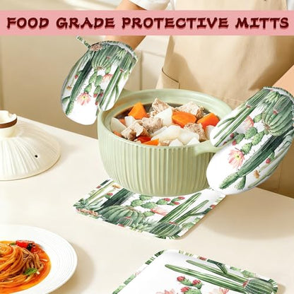 Cactus Succulent Greenery Flower Heat-Resistant Silicone Oven Mitts and Pot Holder 4 Piece Set,Non-Slip Kitchen Oven Gloves for Baking, BBQ, Cooking,Grilling - color: Cactus Succulent Greenery Flower