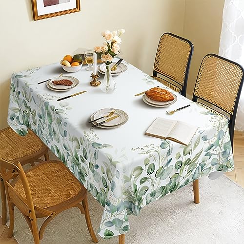 JOYPLUS sage Green Eucalyptus Tablecloth Waterproof Fabric,Rectangle Watercolor Oil-Proof Wrinkle Resistant Table Cover for Dining Table, Buffet Parties and Camping (60" x 84") - color: Four-sided Green, size: 84" x 60" (Rectangular)