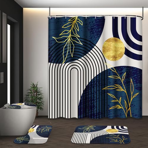 Bathroom Sets with Shower Curtain and Rugs Boho 4 Pcs Geometric | Abstract Minimalist Midcentury Bathroom Decor Set with Toilet Lid Cover, Non-Slip Bath Mats and Accessories 12 Hooks - color: Vintage Blue