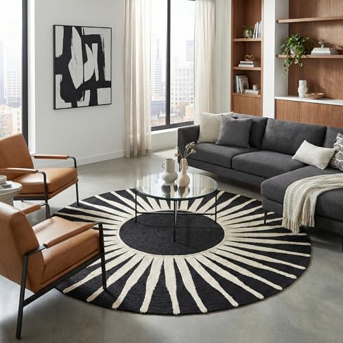Restoration and Renovation Round Jute Rug – Handwoven Natural Fiber Accent Rug with Radiating Sunbeam Pattern, Boho Coastal Style for Living Room, Bedroom, or Entryway (Black, 4' Round) - color: Black, size: 4' (Round)
