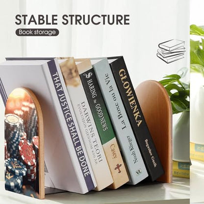 Casino Chips Book Ends for Shelves Heavy Duty Non-Slip Wooden Bookends with Metal Base Modern Decorative Wooden Book Holders Book Stopper for Home Office And Library,Books Shelf Holder Organizer Acces