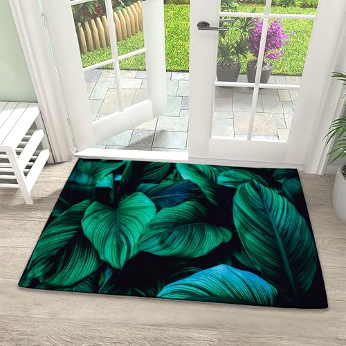 Door Mat, Abstract Tropical Leaf Front Door Mat 17''x30'', Doormats Indoor Entrance, Welcome Entry Mat,Outdoor Welcome Mat,Low-Profile Floor Rugs for Entry Patio - color: Abstract Tropical Leaf Green Texture