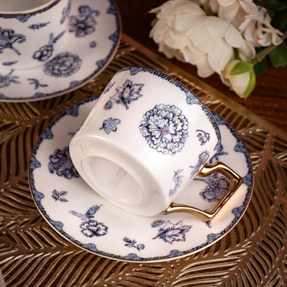 KAMMAK Tea Cups and Saucers Set of 2, Fine Bone China Coffee Cups, 571N | Stackable Espresso Mugs, Ceramic Demitasse for Coffee, Cappuccino, Latte, Americano, Tea - size: 7KPSP571N