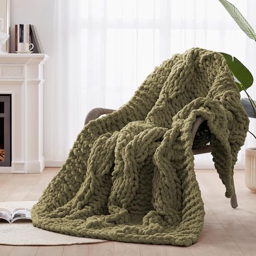 Chunky Knit Blanket Throw - 100% Hand Knitted Chunky Throw Blanket for Couch, Thick and Warm Blanket for Winter, Olive Green, 50x60 Inches - color: Olive Green, size: Throw (50" x 60")