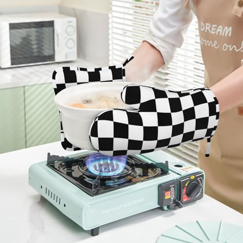 Black White Check Plaid Oven Mitts and Pot Holders Sets Silicone Black and White Checkered Plaid Kitchen Mitts Potholders Heat Resistant 4Pcs Oven Gloves Hot Pads for Cooking Grilling - color: Black White Buffalo Plaid