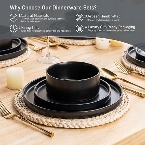 GBHOME Ceramic Dinnerware Sets of 4,Stoneware Plates and Bowls Sets,Chip and Crack Resistant | Dishwasher & Microwave Safe Dishes Set,Scratch Resistant- Service for 4 (12pc)-Matte Black | Lightweight Ceramic Dish Set,Oven & Microwave,Dishwasher Safe,Scrat