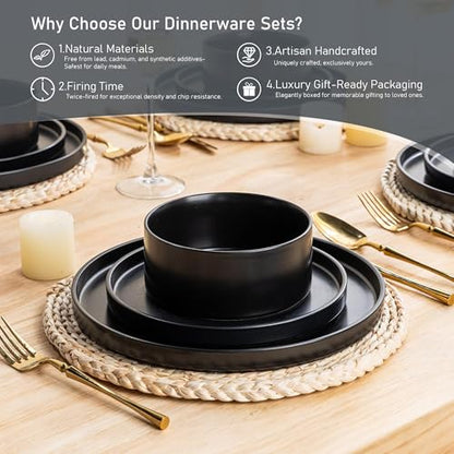 GBHOME Ceramic Dinnerware Sets of 4,Stoneware Plates and Bowls Sets,Chip and Crack Resistant | Dishwasher & Microwave Safe Dishes Set,Scratch Resistant- Service for 4 (12pc)-Matte Black | Lightweight Ceramic Dish Set,Oven & Microwave,Dishwasher Safe,Scrat