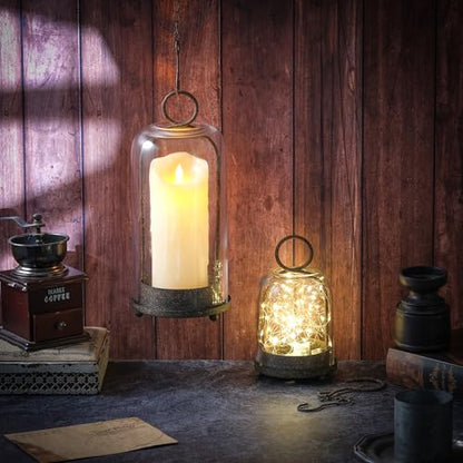 5" & 4" Wide Versatile Metal Candle Holder in Rustic Brown with Handmade Thick, Heavy & Sturdy Glass Dome for Pillar Candle, Industrial, Modern, Shelf, Mantel, Veranda, Porch - color: Brown
