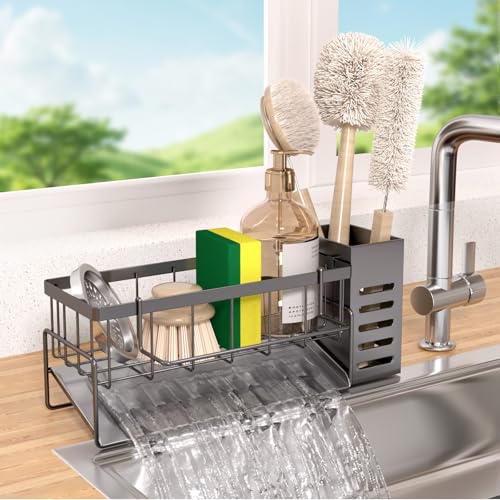304 Stainless Steel Over Sink Caddy Sponge Soap Organizer Gray | Auto sloped drainage with removable tray, 3 divided spaces for sponge & soap, rustproof steel, no installation needed - color: Gray
