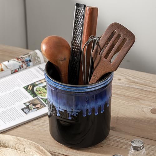 KOOV Cooking Utensil Holder, Large Ceramic Utensil Crock, Deep and Stable, Utensil Caddy for Countertop, Reactive Glaze (Nebula Blue) - color: Nebula Blue