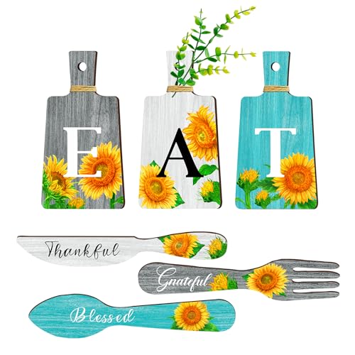 Set of 6 Sunflower Kitchen Decor Eat Sign Fork and Spoons Kitchen Wall Decor Wooden Hanging Plaques Farmhouse Wall Art Home Decor and Accessories(Gray，White，Blue) - color: Gray，white，blue