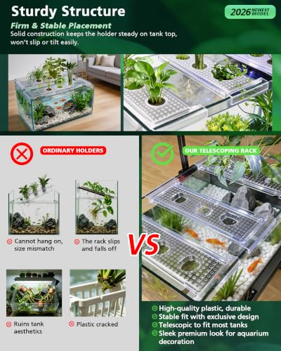 2026 Telescoping Aquarium Plant Holder with 3 Cups, Clear Acrylic | Rim-Mount Rack, For 5.5 gal 10 gal 40 gal 75 gal, For Live Plants, Aquaponic Fish Tank, For Pothos, Betta & Aquascape Decor