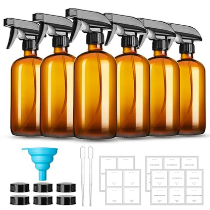 GIVAMEIHF 16oz Amber Glass Spray Bottles,6 Pack Glass Spray Bottles Refillable Empty Bottle with Adjustable Nozzle,Spray Bottle for Essential Oils,Cleaning,Pets,Hair Mister