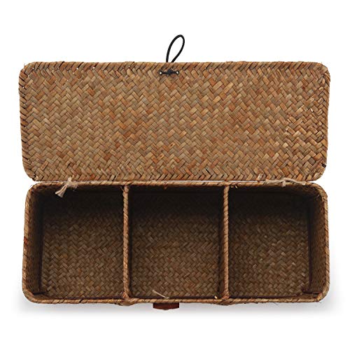 Seagrass Woven Storage Basket with Lid, Rectangular Narrow Tampon Toilet Tank Organizer - color: 3 Section with Lid