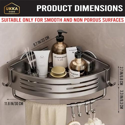 Suction Cup Corner Shower Caddy with Hooks and Towel Bar for Bathroom. Aluminum, Reusable, Rustproof, No Drill, No Tools, No Glue. Multifunctional, Hang Towel, Loofah, Sponge (2 Pack, Gray)