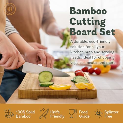Bamboo Cutting Boards for Kitchen, Extra Large Wooden Chopping Board Set | Deep Juice Groove, Knife-Friendly, Side Handles, Reversible Butcher Block, for Serving, Meat, Veggies, Cheese, 4 Sizes - size: 4-Piece