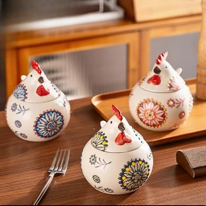 13.5 Oz Salt Cellar With Lid and Spoon (Red)- Ceramic Chicken Spice Jars for Salt, Sugar, Pepper - Spice Containers for Countertop - color: Red