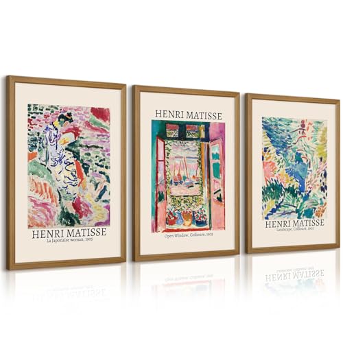 Henri Matisse Wall Art Set of 3 Matisse Poster Aesthetic Canvas Wall Art Matisse Wall Decor Henri Matisse Vintage Prints Landscape Exhibition Posters Matisse Art for Room Bedroom 24x36 Inch Framed - color: Window Matisse Prints, size: 36"L x 24"W, style: