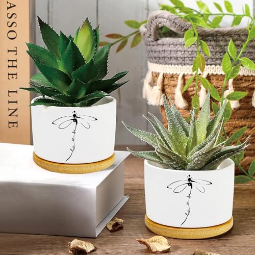 1Pcs Dragonfly Succulent Pots with Drainage and Bamboo Tray, Ceramic Pot | 3 Inch Small Planters for Plants,Cactus,Decoration for Office Home,Garden,Windowsill,Gifts for Women Mom (No Plants Included) - style: Dragonfly