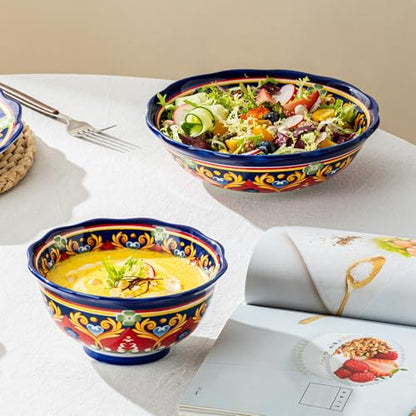 UNICASA Ceramic Pasta Bowls Set, 27 oz Cereal Bowls Set of 4, Porcelain Colorful Bowls for Salad, Soup, Noodle, Boho Style, Dishwasher & Microwave Safe