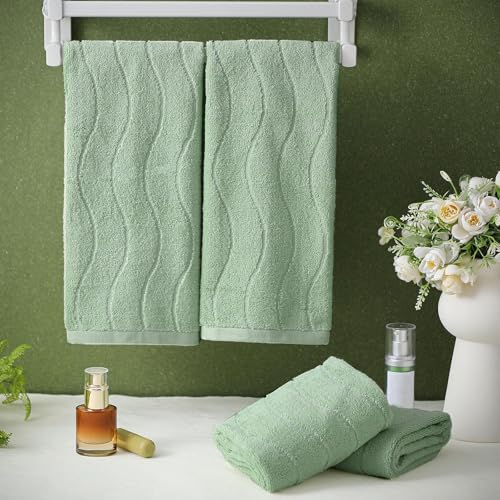 4 Pack Light Green Hand Towels for Bathroom 100% Cotton Soft Quick to Dry Towel Wavy Striped Jacquard Towels 14x29 Inch Absorbent Boho Bathroom Decor for Kitchen Festival Gift - color: Light Green