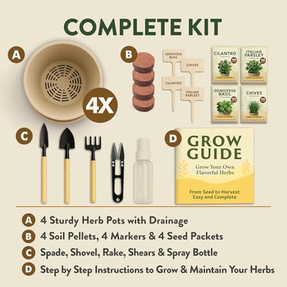 HOME GROWN Herb Garden Planter Indoor Kit – Unique Christmas Gift for Adults, Men, & Women - Grow 4 Heirloom Herb Seeds on Kitchen Window – Beginner DIY Craft & Hobby Gardening Gift for Plant Lovers - style: Starter Herb Grow Kit